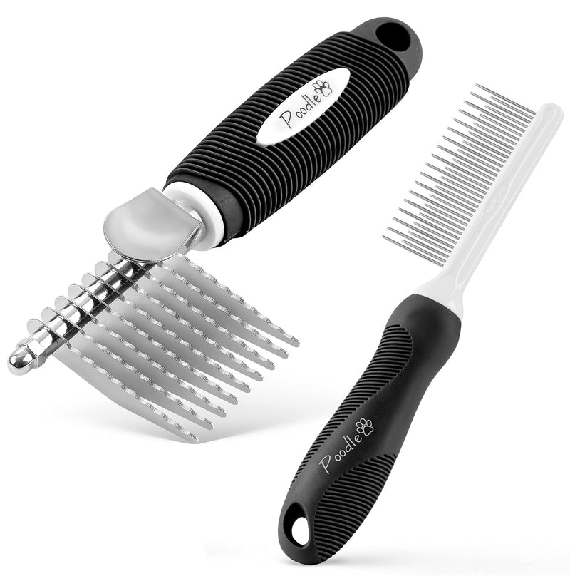 Poodle Pet Bundle - Dematting Fur Rake Comb Brush Tool with Steel Safety Blades and Detangling Pet Comb with Long and Short Stainless Steel Teeth for Detangling Matted or Knotted Undercoat Hair (Black - PawsPlanet Australia