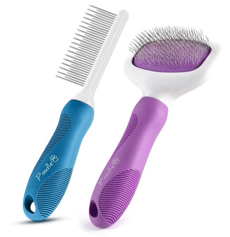 Poodle Pet Bundle - Detangling Pet Comb for Removing Matted Fur, Knots, and Tangles + Slicker Brush for Small and Large Dogs Pet Hair Remover, Safe and Gentle for Dogs and Cats - PawsPlanet Australia