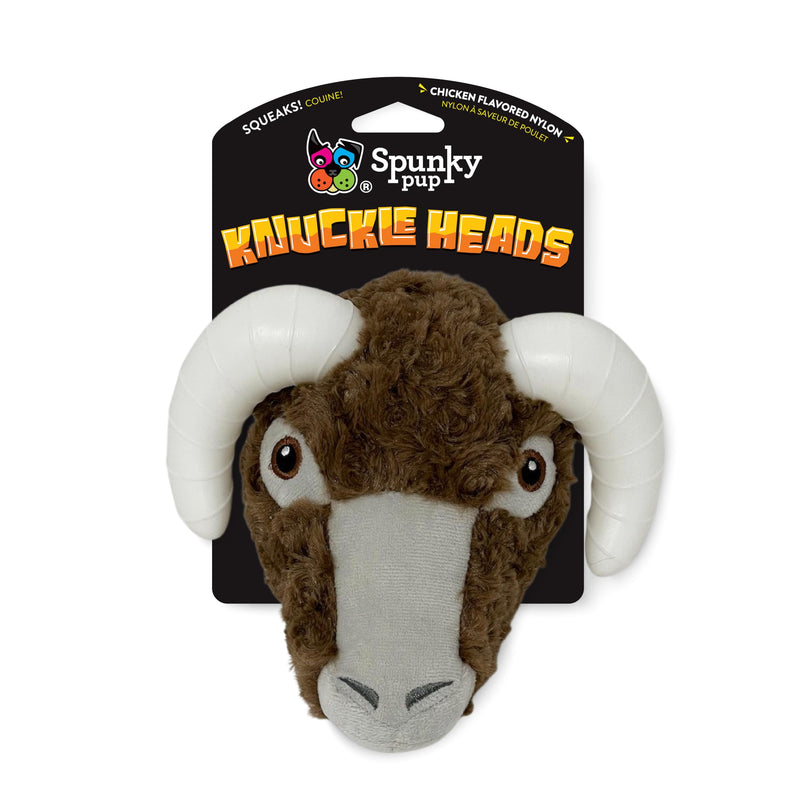 Spunky pup Knucklehead Durable Dog Toy - 2-in-1 Plush & Chew Toy for Aggressive Chewers, Chicken-Flavored Dental Chew, Durable Double-Stitched Squeaker- Ram - PawsPlanet Australia