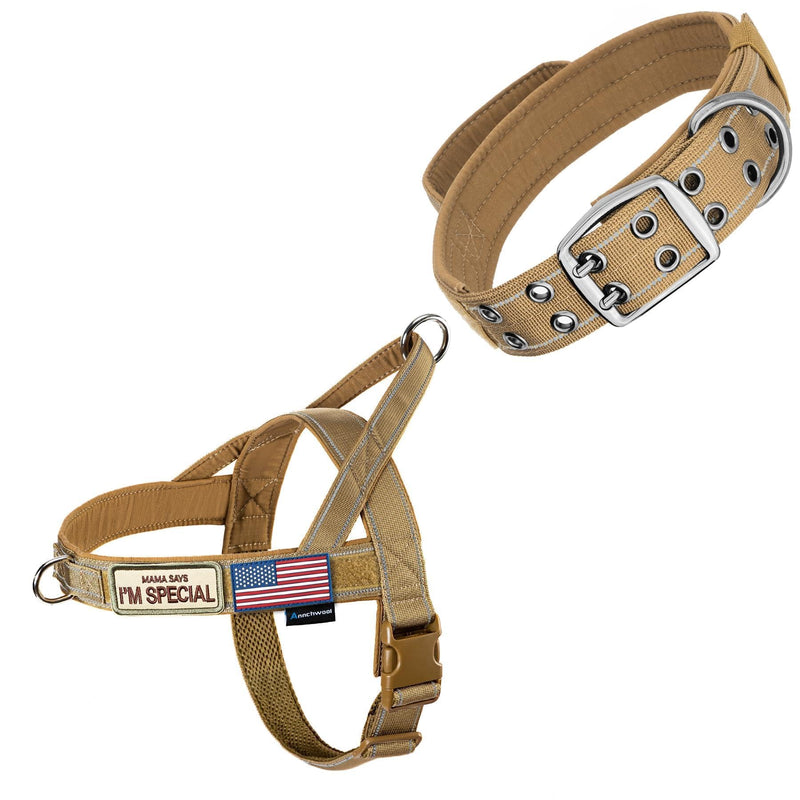 Annchwool No Pull Dog Harness with Soft Padded Handle(Brown XL)+Tactical Dog Collar for Medium and Large Dog(Brown L) - PawsPlanet Australia