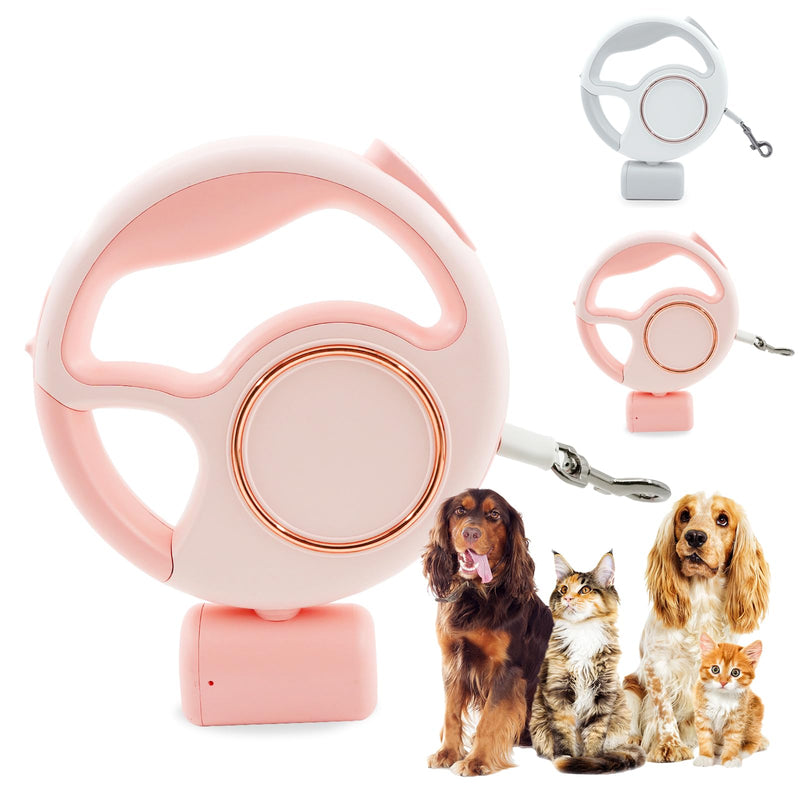 Retractable Dog Leash 4 in 1 with LED Light & Dispenser & Fixed Hanging, 10 ft Heavy Duty Dog Leash Retractable for Medium Large Dogs Up to 90lbs, 360°Tangle-Free, One Button Brake & Lock (Pink) pink - PawsPlanet Australia