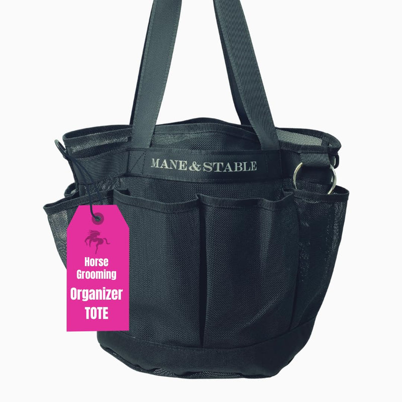 Horse Grooming Bag Hanging Tote with 8 Pockets - Lightweight Mesh Organizer for Horse Supplies, Adjustable Shoulder Strap + Bonus Grooming Set Black - PawsPlanet Australia