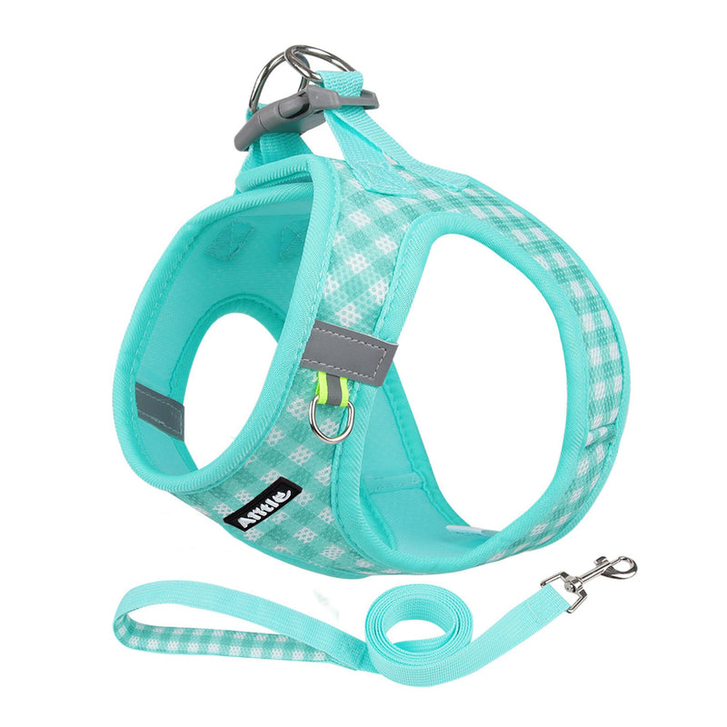 AIITLE No Pull Dog Harness and Leash Set, Step in No Chock Soft Mesh Dog Harnesses Reflective for Extra-Small Puppy Dogs and Cats, Plaid Dog Vest Harness for Pets Turquoise XXS - PawsPlanet Australia