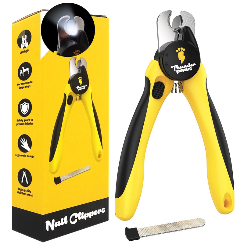 LED Dog Nail Clippers with Light, Trimmers with Protective Guard, Quick Sensor, Safety Lock and Nail File - Suitable for Large and Small Dogs & Cats (Yellow, LED) Medium-Large (LED) Yellow - PawsPlanet Australia