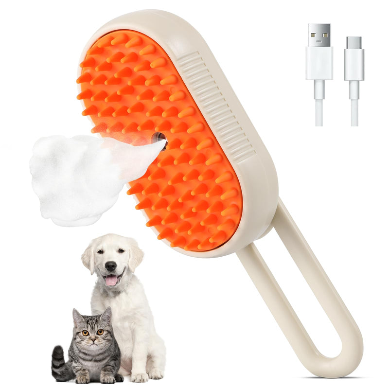 Cat Steam Brush, 3 in 1 Self Cleaning Steamy, Spray Silicone Massage Comb, Hair Removal Tool with Handle Multifunctional Grooming Brush for Dogs Orange - PawsPlanet Australia