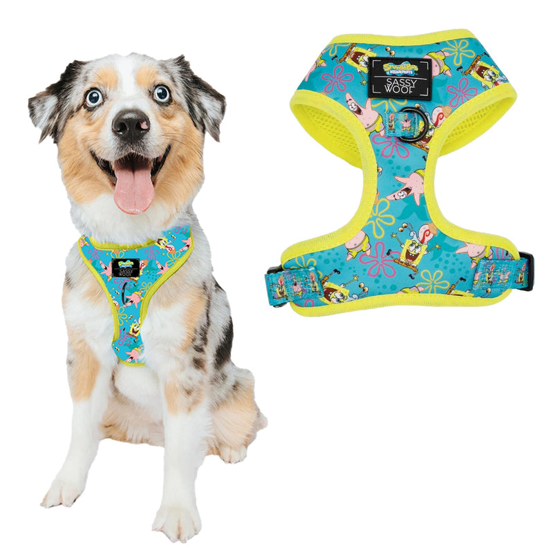 Sassy Woof Dog Adjustable Harness - Spongebob Squarepants™ Jelly Fishin' - M, Breathable Mesh, No Pull Design with Two D-Rings, Patented Design, Perfect for Medium Dogs - Officially Licensed - PawsPlanet Australia