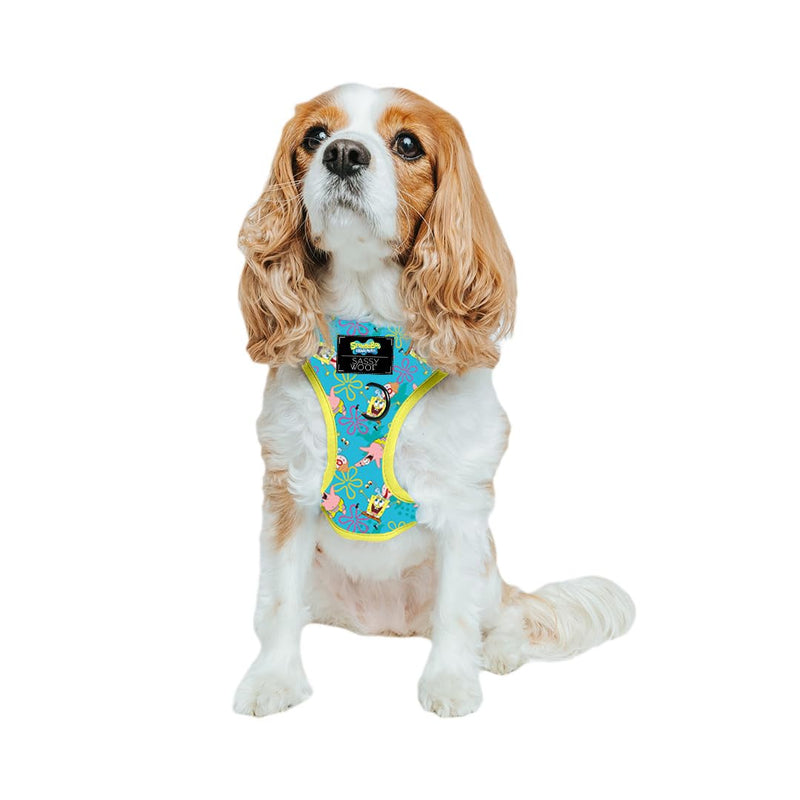 Sassy Woof Dog Adjustable Harness - Spongebob Squarepants™ Jelly Fishin' - S, Breathable Mesh, No Pull Design with Two D-Rings, Patented Design, Perfect for Small Dogs - Officially Licensed - PawsPlanet Australia