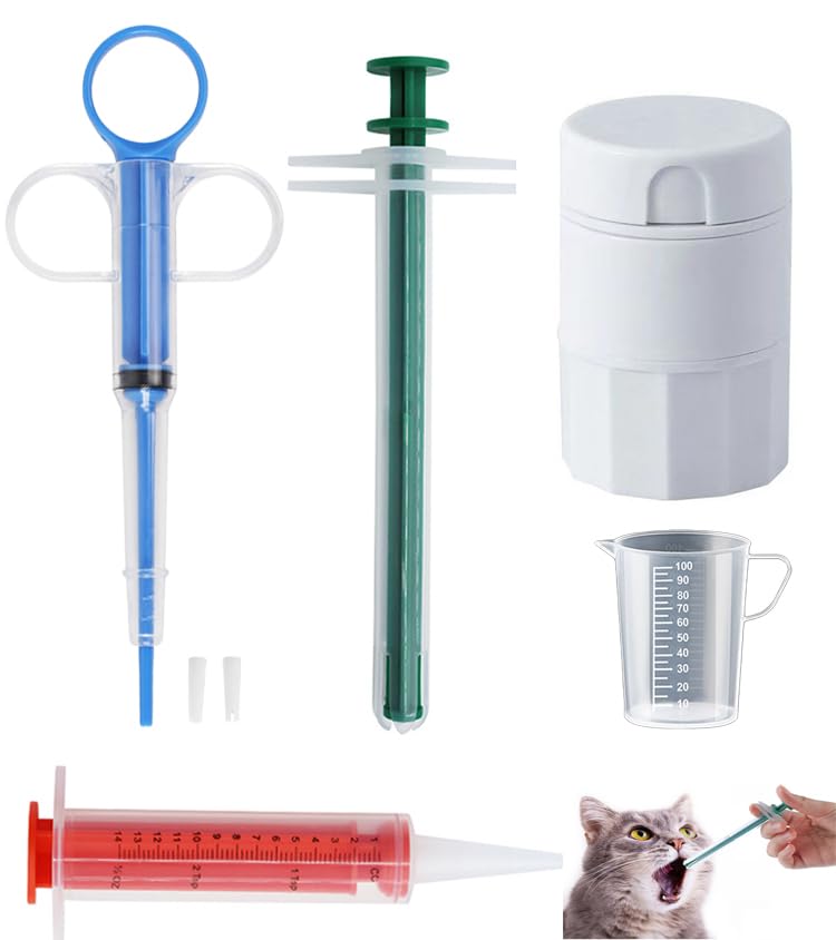 Cat Pill Shooter 5-in-1 Kit, Pet Pill Cutter and Crusher for Cats and Dogs, Dog Tablet Soft Tip Syringe and Medical Feeding Liquid Dispenser Tool with Plastic Measuring Cup 100ml - PawsPlanet Australia