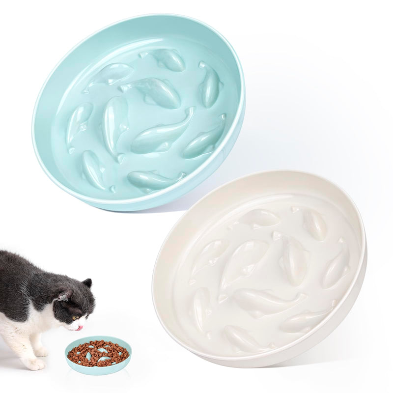 2PCS Cat Slow Feeder Bowl, Cat Food Bowl with Fish Pool Design, Healthy Eating Diet Pet Bowl, Interactive Puzzle Feeder Dish for Cats, Non-Slip Anti Gulping Cat Bowl for Dry and Wet Food White+Green - PawsPlanet Australia