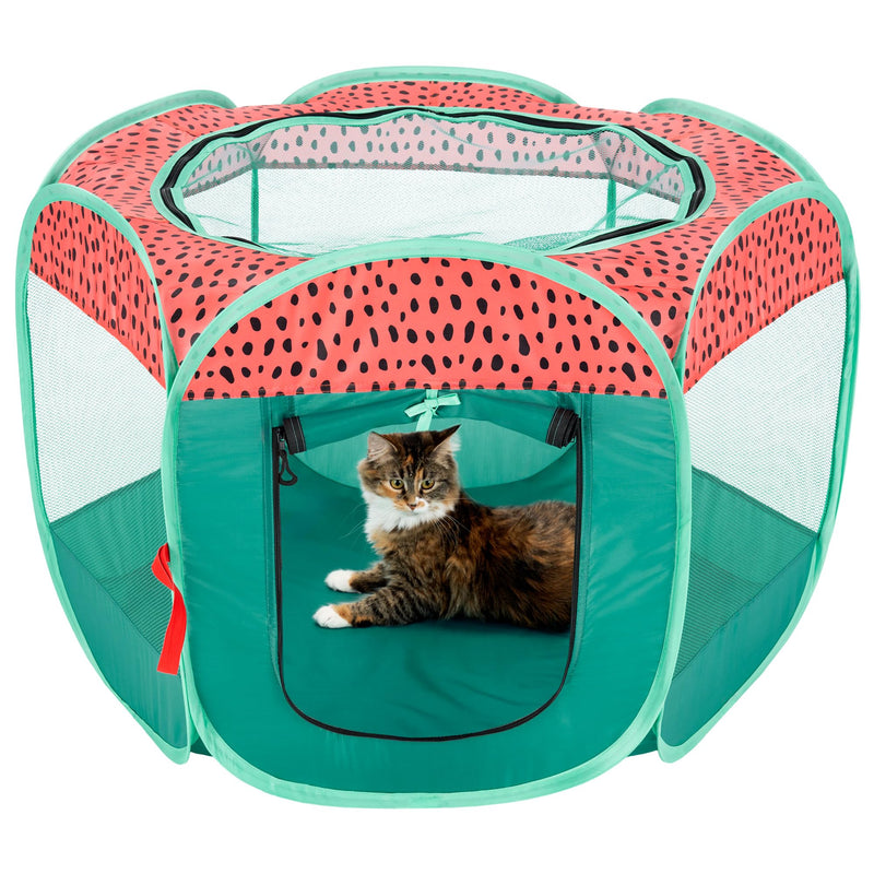 Furhaven Portable Dog Playpen Cat Tent, Pet Playground,Kennel Foldable Indoor Outdoor Zippered Puppy Crate - Green & Pink, Small