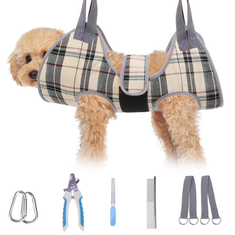 BEAUTYZOO Dog Grooming Hammock for Small Dogs Cat- Dog Sling for Nail Trimming/Clipping- Dog Hanging Harness Holder with Thick Fabric Neck Support & Strap Restraint Claw Care, Beige XS XS (Leg Spacing: 6-9.5" / Max W: 15lbs) - PawsPlanet Australia