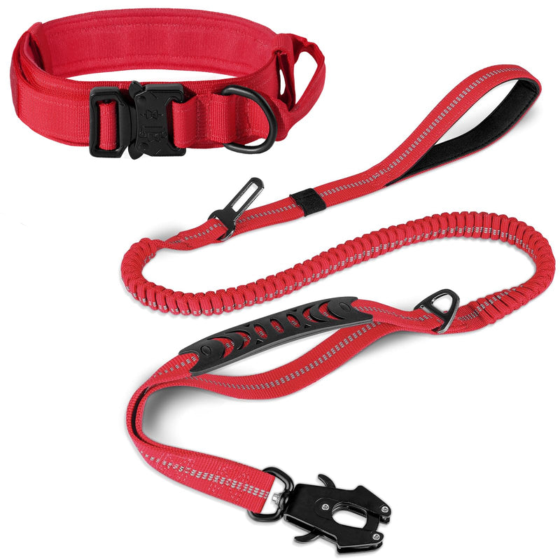Joytale Tactical Dog Collar(17"-21") and Dog Leash Set, Shock Absorbing Bungee Dog Leash and Adjustable Strong Dog Collar with Handle for Large Dogs(Red, L)
