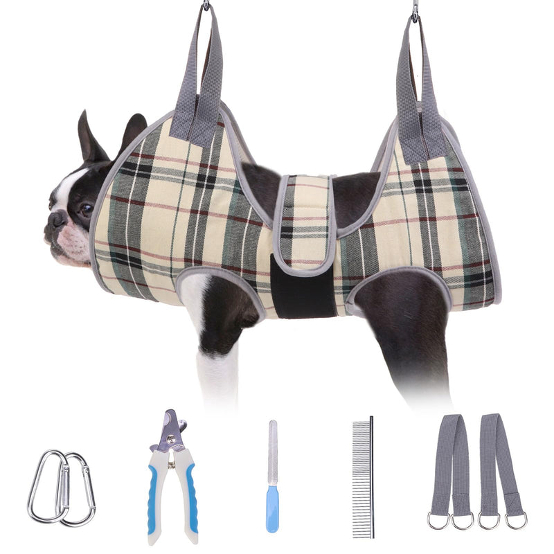 BEAUTYZOO Dog Grooming Hammock for Small Dogs Cat- Dog Sling for Nail Trimming/Clipping- Dog Hanging Harness Holder with Thick Fabric Neck Support & Strap Restraint Claw Care, Beige S S (Leg Spacing: 7-10.2" / Max W: 30lbs) - PawsPlanet Australia