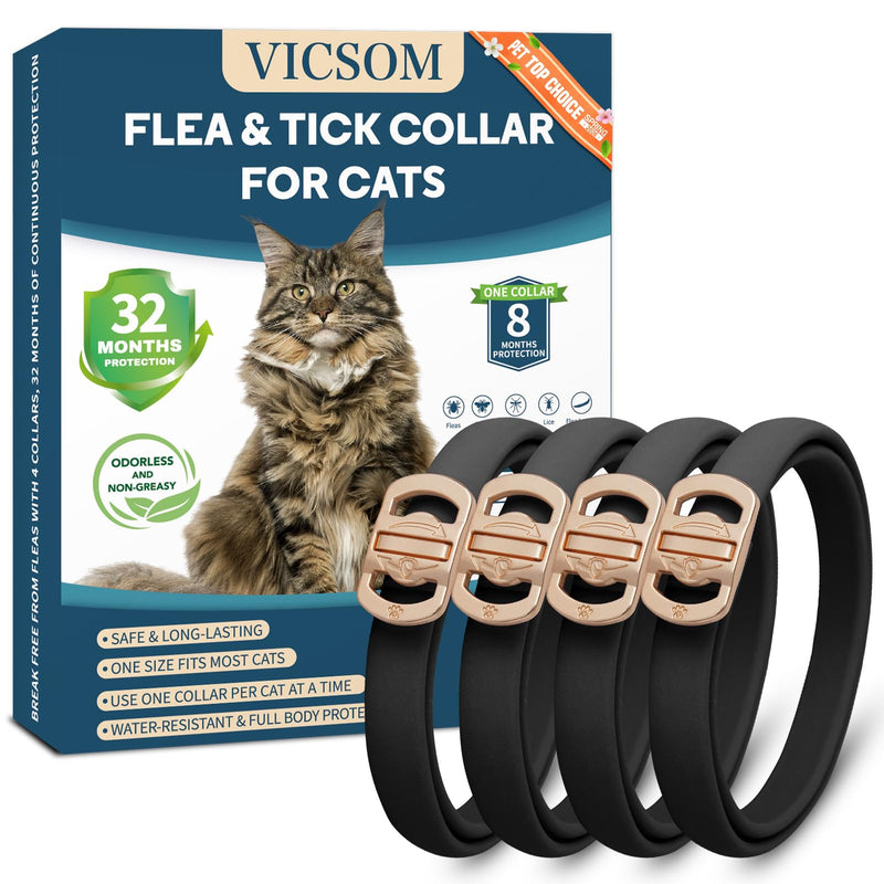 Flea Collar for Cats 4 Pack, 32 Months Flea and Tick Prevention for Cats Collar, Waterproof Cat Flea Collar, Natural Cat Flea and Tick Treatment Collar, Adjustable Flea Collar for Cat Kitten, Black - PawsPlanet Australia