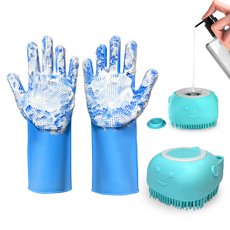 2PCS Dog Washing Gloves and Dog Shampoo Brush, Dog Bath Supplies Dog and Cat Bath Set Blue Blue - PawsPlanet Australia