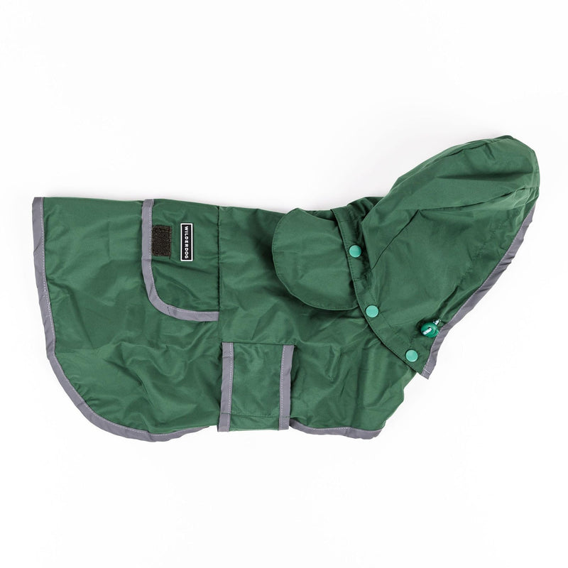 Wilderdog Dog Jacket Waterproof Raincoat with Breathable Interior, Removable Hood, Torso Strap, Secure Closures, Back Pocket and Two Hanging Loops, Foldable into Back Pocket Medium Green - PawsPlanet Australia