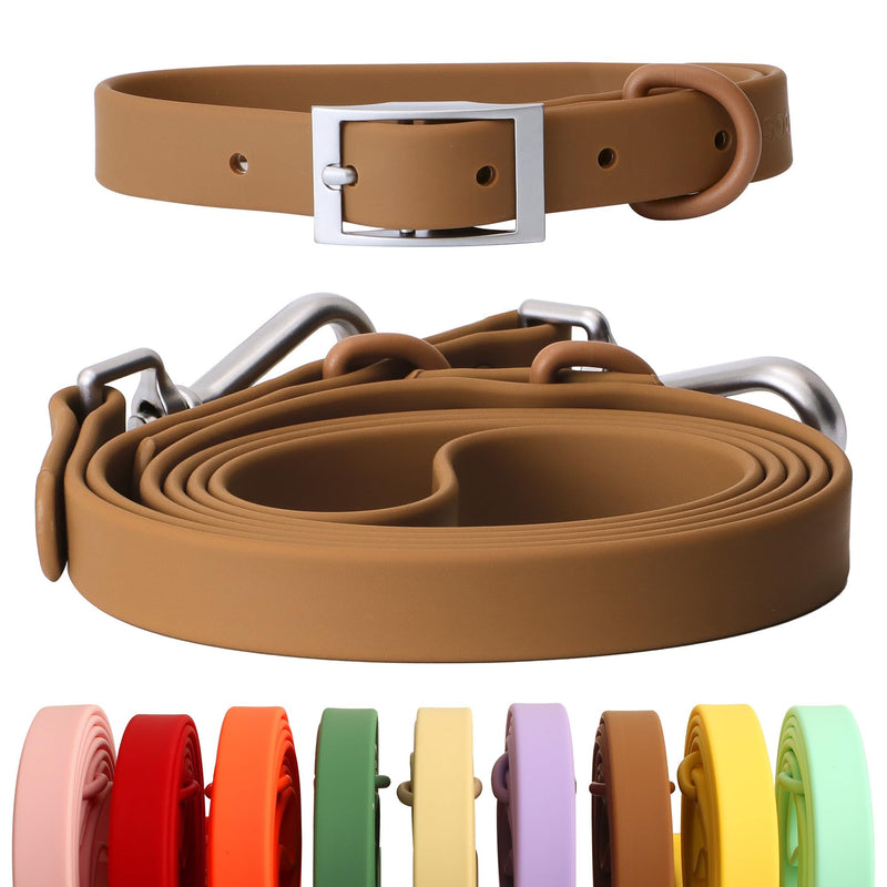 Dog Collar and Leash Set, Durable Waterproof Dog Leashes Collars, 5 Length Setting Adjustable Dog Collars for Large Medium Small Dogs (Brown, L) L (Collar:14.7''-18.7'';Leash:5.8ft) Brown - PawsPlanet Australia