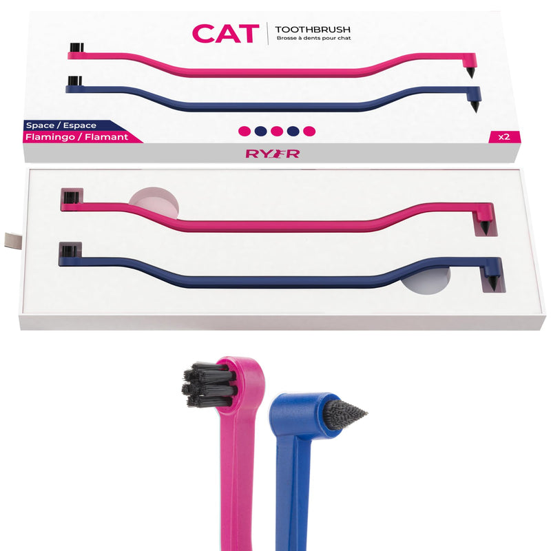 RYERCAT Set of Dual Sided Cat Toothbrushes - Kitten Toothbrush with Micro Head to fit into Kittens Mouth - Cat Dental Care Supplies Pet Toothbrush for Cats (Flamingo Pink and Space Blue) Flamingo Pink and Space Blue