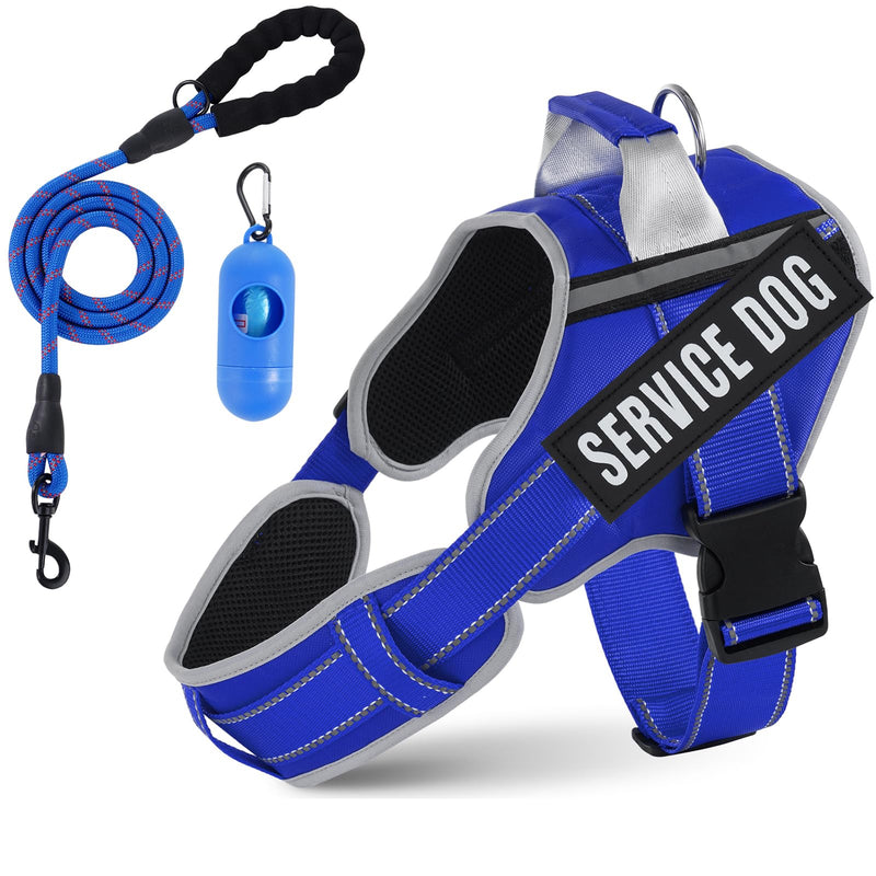 Neck Padded Dog Vest Harness and Leash Set, No Pull Adjustable Service Pet Harness with 8 Dog Patches, Reflective in Training Easy Control Pet Vest with 5ft Dog Leash for Medium & Large Dogs XL Blue - PawsPlanet Australia