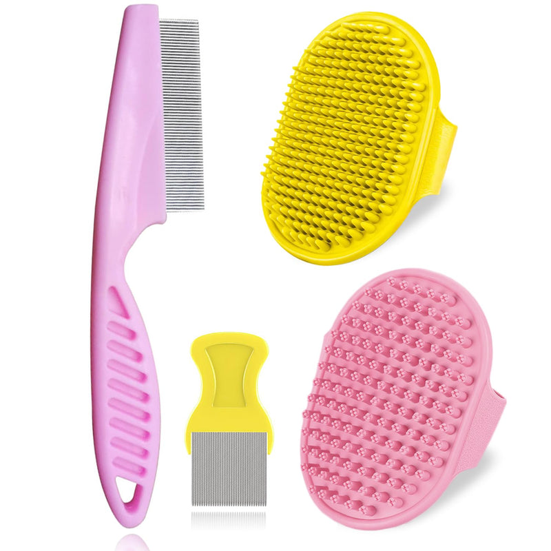 4Pack Pet Grooming Brush Kit, Aoche Dog Bath Brush Flea Comb for Dogs Pet Shampoo Brush Soothing Massage Rubber Comb Flea Lice Comb Cat Tear Stain Comb Dog Brush for Shedding Pink+Yellow - PawsPlanet Australia
