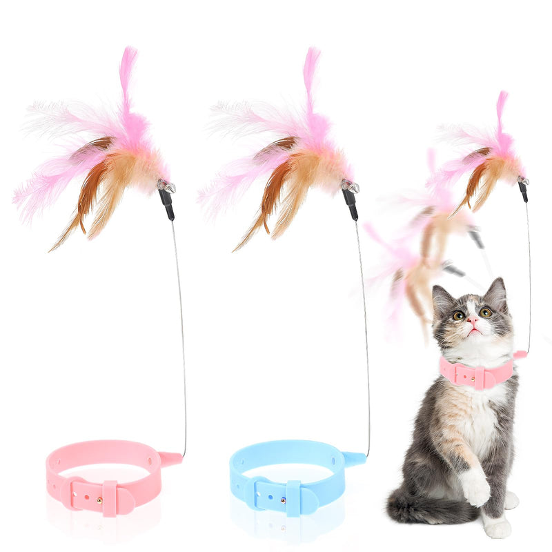 Cat Collar Toys, Cat Teasing Wand with Silicone Collar Adjustable Cat Wand Toy, Funny Cat Stick, Interactive Self Playing Toys Feather Bell for Indoor Cat Playing Training(Blue, Pink) - PawsPlanet Australia