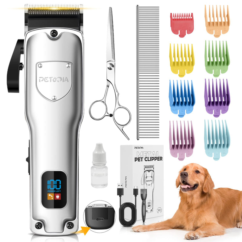 Dog Clippers for Grooming, Pet Grooming Supplies Kit, Professional Grooming Clippers for Thick Heavy Coats Low Noise Rechargeable Hair Trimmers with Ceramic Blade for Dogs Cats Animals Silver - PawsPlanet Australia