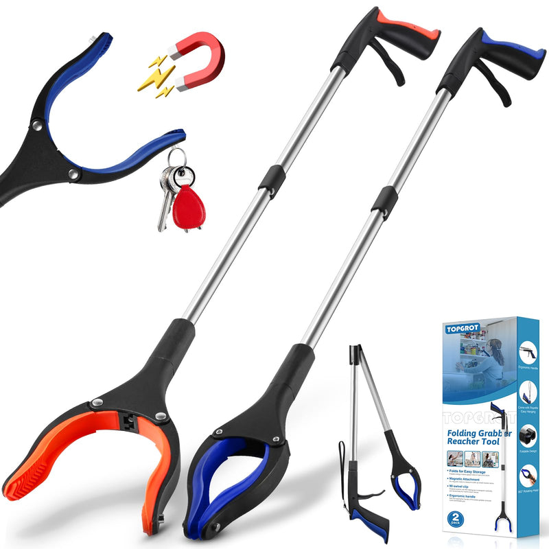 2-Pack Grabber Reacher Tool, 34" Foldable Reacher Grabber Pickup Tool with 360° Anti-Slip Rotating Jaw & Magnets, 4" Wide Claw Opening Reachers for Seniors, Trash Picker Tool 34"