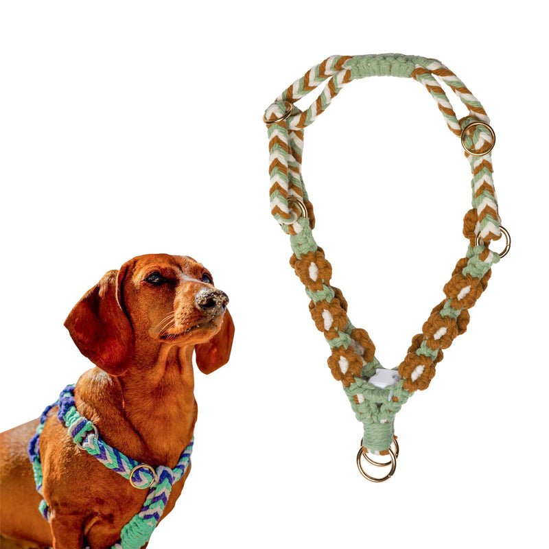 Handmade Braided Macrame Dog Harness XS Size, Adjustable & Comfortable for Small & Medium Dogs, Lightweight & Durable Design, Eco-Friendly Cotton, Stylish & Secure Fit for Walking & Training. Extra Small Caramel + Light Green + White - PawsPlanet Australia