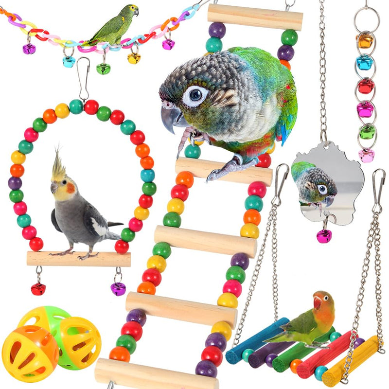 Bird Toys for Parakeets, Parrots, Conures, Cockatiels, Love Birds, Finches, Mynah, Budgerigar - 9Pcs Wooden Ladder Bridge, Swing, Hammock, Cage Accessories - PawsPlanet Australia