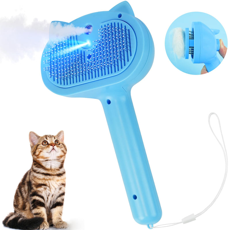 KALAMANDA Cat Steam Brush for Shedding, 4 in 1 Steamy Cat Brush with Release Button, Self Cleaning Metal Pet Misting Hair Comb with Handle for Grooming Kitten Dog(Blue) - PawsPlanet Australia