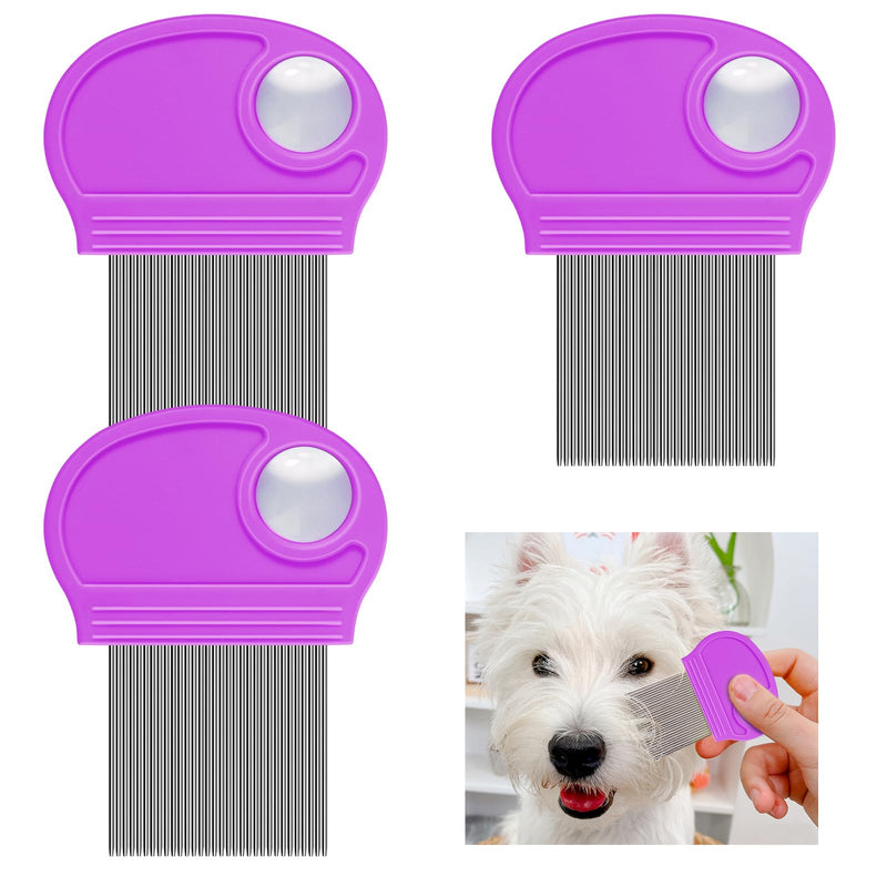 Flea Comb for Dogs Cats Kittens - 3 PCS Cat Flea Comb Brush for Small Dogs Stainless Steel Flea Comb with Magnifier for Pet Grooming Eye Tear Stain (Prule) Prule - PawsPlanet Australia