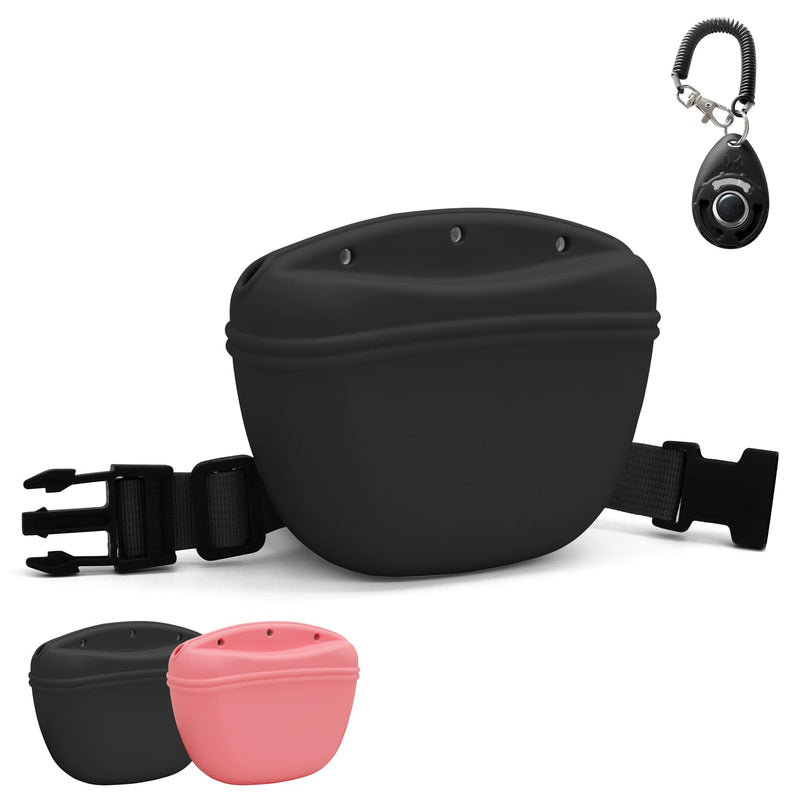 SnugMaker Dog Treat Pouch with Training Clicker, 2.76 Cup Silicone Dog Treat Bag, Dog Treat Pouches with Waist Belt for Pet Training Walking - Black - PawsPlanet Australia