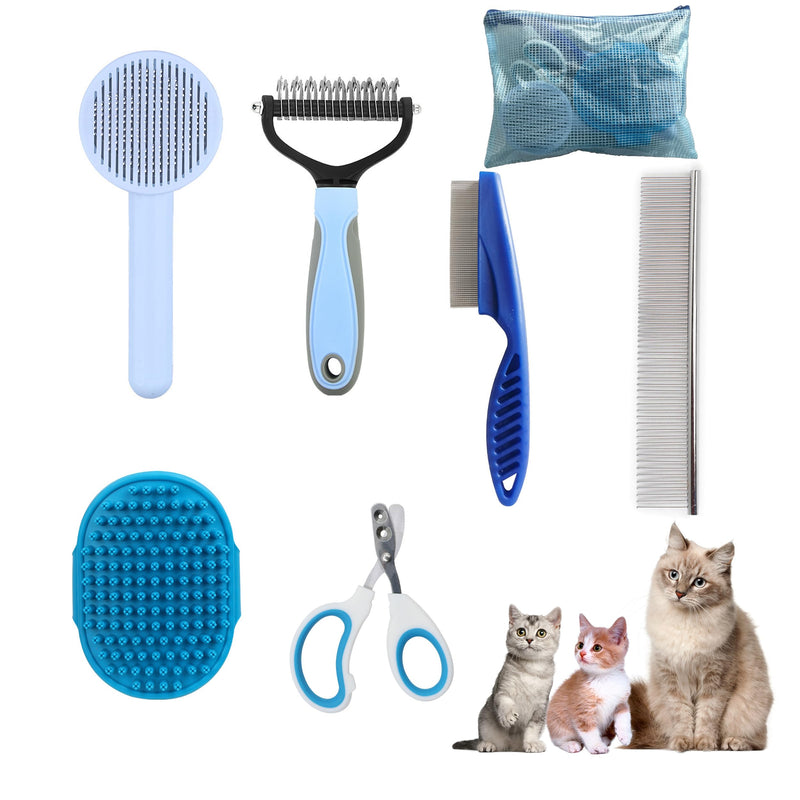 Cat Grooming Brush Kit 6 Tools - Deshedding & Dematting for Long/Short Hair, Self-Cleaning Slicker Brush with 6-in-1 Flea Comb for Cats & Kittens (Blue) Blue - PawsPlanet Australia