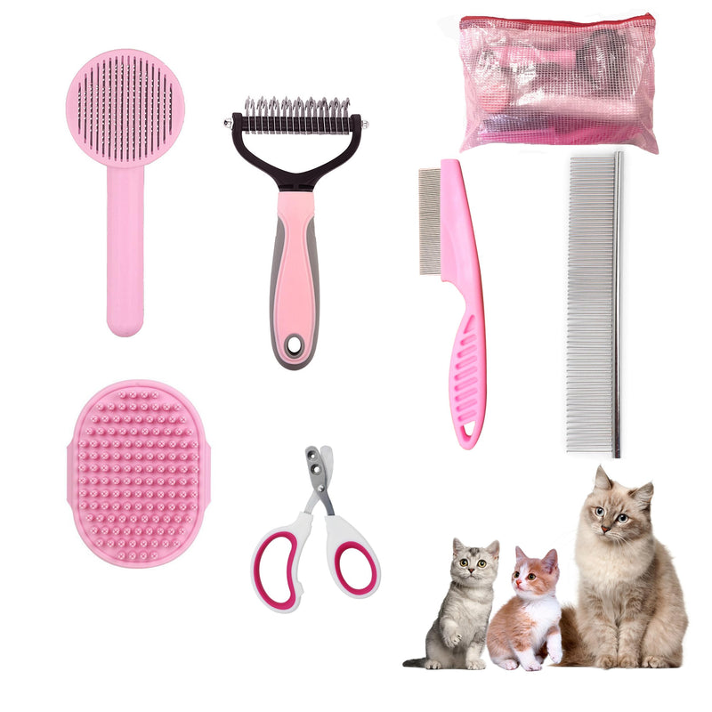 Pet Grooming Kit for Cats and Small Dogs, 6-Piece Brush Set with Flea Comb, Shedding Tools for Long Hair (Pink) Pink - PawsPlanet Australia