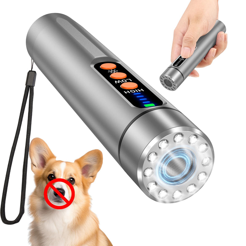Ultrasonic Dog Bark Deterrent Device,Anti Barking Device for Dogs,Professional Dog Training Tool Indoor&Outdoor, Effctive 50ft Range Stop Bad Behavior Aid.Dog Silencer with LED Light(Silver silver - PawsPlanet Australia