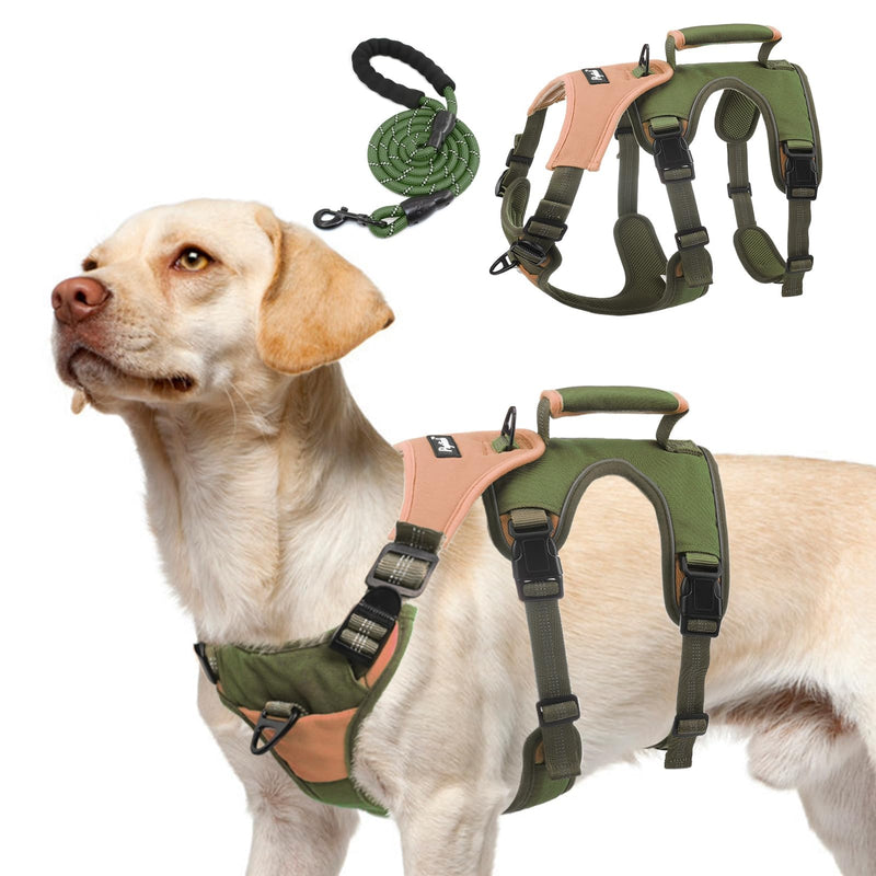 PUPTECK Escape Proof Dog Harness and Leash Set Upgraded No Pull Reflective Dog Vest with Lift Handle, Easy Control Pet Harness for Medium Large Dogs Training Walking Running, Green, XL X-Large Green/khaki - PawsPlanet Australia