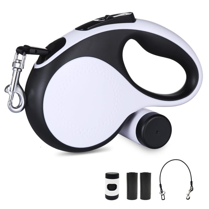 26Ft Retractable Dog Leash with Chew Proof Cable,Heavy Duty Dog Leash with Removable Poop Bags for Medium Large Dogs up to 110lbs,Strong Nylon Tape No Tangle,One-Handed Brake (White) White