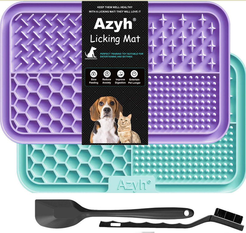 Licking Mat for Dogs & Cats 2 Pack, Slow Feeder Lick Pat for Large Dogs and Puppies, Anxiety Relief Dog Toys Feeding Mat for Butter Yogurt Peanut, Pets Bathing Grooming Training Mat (9.9'' × 6'') Cyan&Purple - PawsPlanet Australia