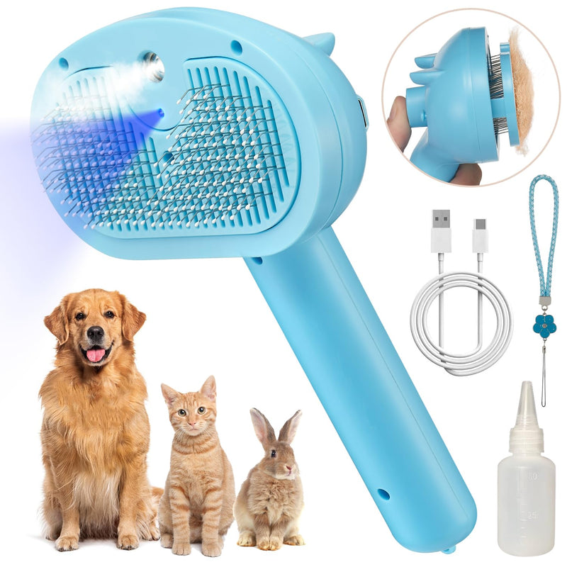 Pet Steam Hair Comb Brush for Shedding, 4 In 1 Spray Brush for Long & Short Haired Cat&Dog, Self-Cleaning Hair Remover with Water Tank And LED Blue Light, Release Button(Blue) - PawsPlanet Australia