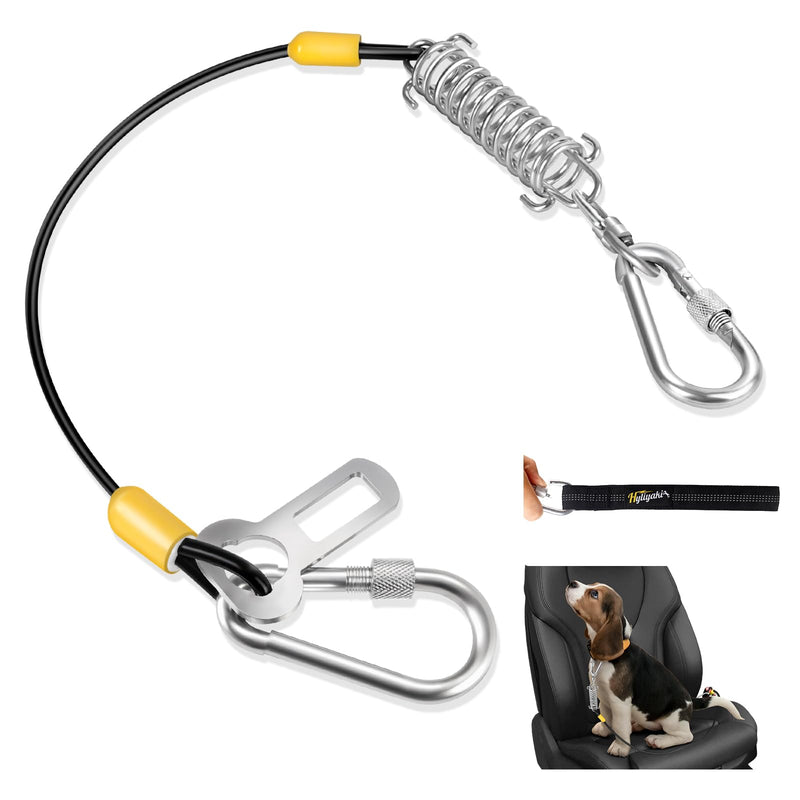 Dog Seat Belt Harness for Car, 5-in-1 Coated Wire Dog Seatbelt, HYLIYAKI Shock Spring-Loaded No Chew Pet Dog Car Seatbelt Leash, with Removable Reflective Short Leash(Black, 24 inch/60 CM) 1 Pack Black+Yellow - PawsPlanet Australia