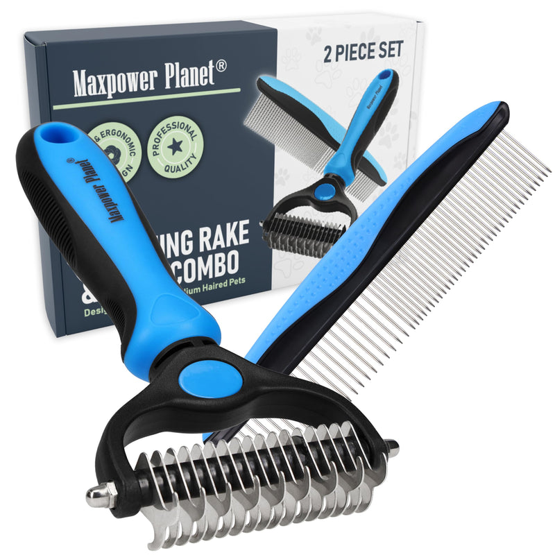 Maxpower Planet Pet Grooming Rake and Dematting Comb for Dogs - Dog Grooming Supplies, Undercoat Rake for Dogs, Cats - Extra-Wide Deshedding Dog Brush, Deshedder Comb for Long Hair - Reduce Shedding C - Rake and Comb Kit (Best Value) Large - PawsPlanet Australia