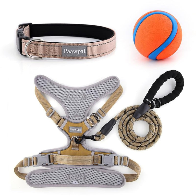 Adjustable Dog Harness - No Pull, Reflective, Soft Padded for Small, Medium, Large Dogs - Includes Leash and Collar Beige L - PawsPlanet Australia
