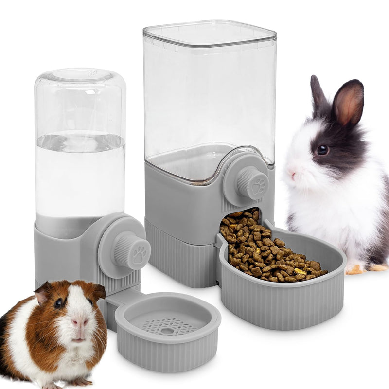 Fhiny Rabbit Food & Water Dispenser, Large Capacity Gravity Guinea Pig Feeder and Waterer Set Hanging Automatic Bunny Feeder for Cage for Bunny Guinea Pig Chinchilla Ferret Cat Puppy Grey Food + Water - PawsPlanet Australia