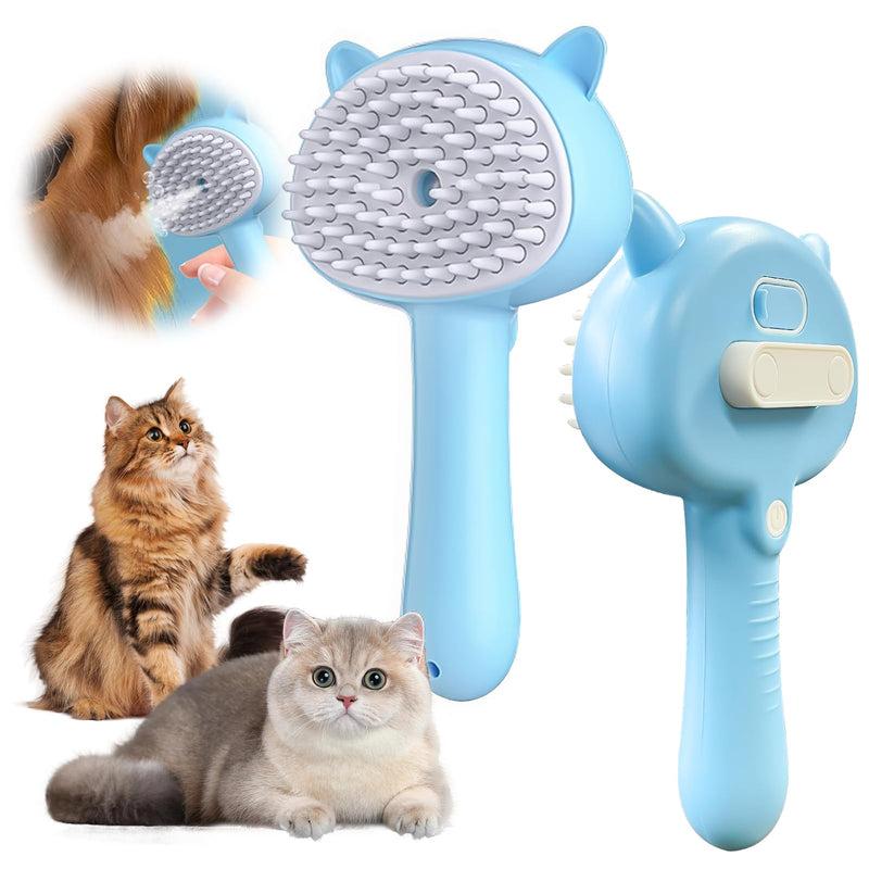 Pet Steam Spray Brush, 4-in-1 Steam Cat Brush with Handle, Rubber Pet Spray Brush, Rubber Pet Spray Brush with Release Button, Dog Comb with Longhair & Shorthair Cat & Dog Cleaner (Blue) Blue - PawsPlanet Australia