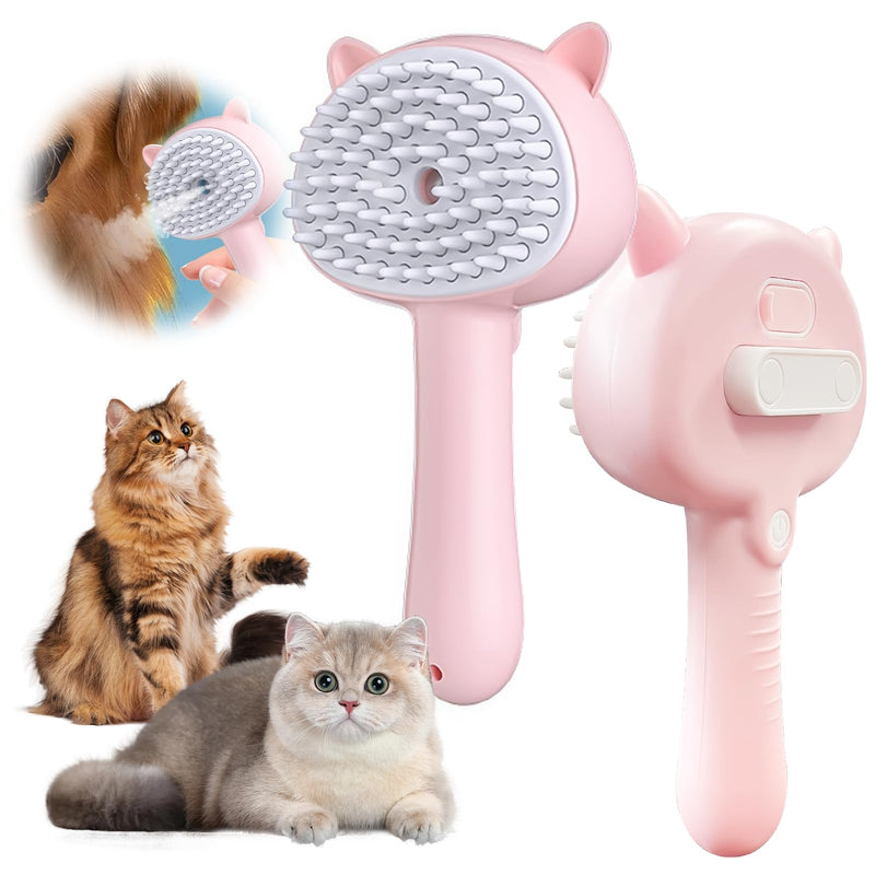 4-in-1 Pet Steam Brush With Handle for Longhair & Shorthair Cats & Dogs - Rubber Spray Brush With Release Button, Dog Comb and Cleaner (Pink) Pink - PawsPlanet Australia