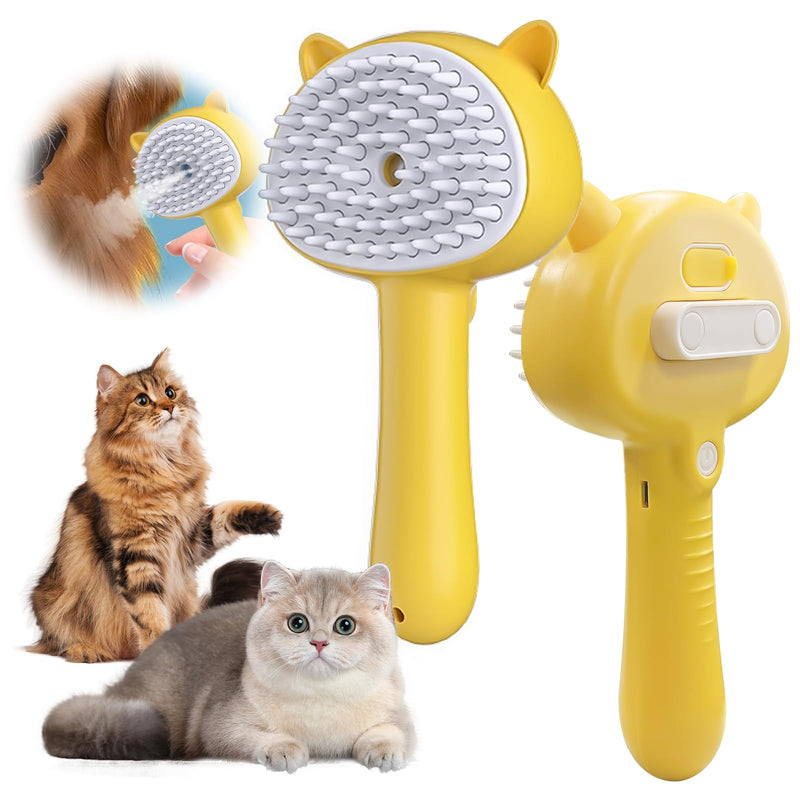 Pet Steam Spray Brush, 4-in-1 Steam Cat Brush with Handle, Rubber Pet Spray Brush, Rubber Pet Spray Brush with Release Button, Dog Comb with Longhair & Shorthair Cat & Dog Cleaner (Yellow) Yellow - PawsPlanet Australia