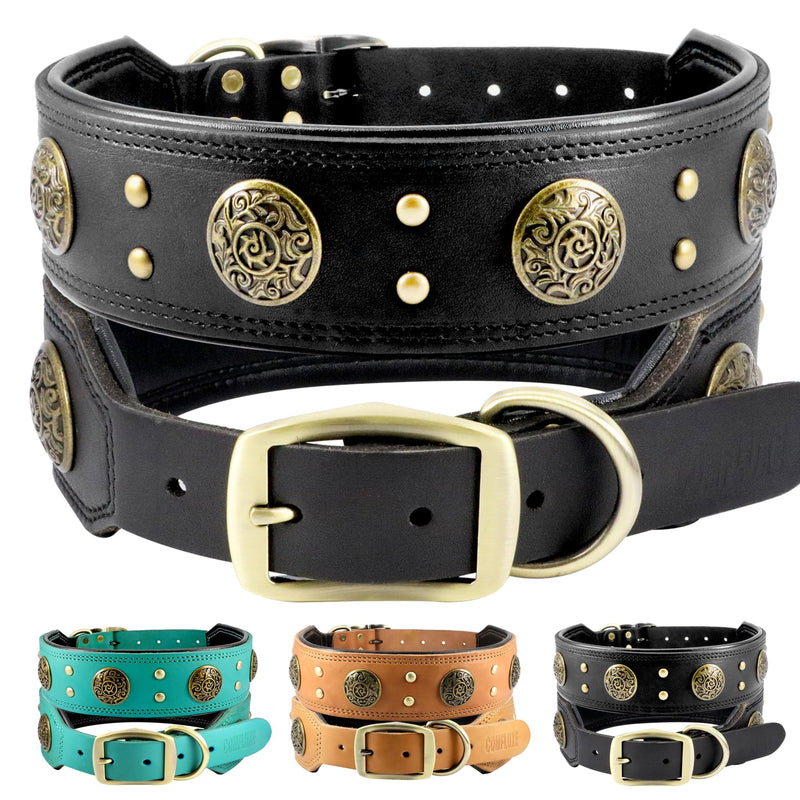 Leather Dog Collar for Medium Dogs, 2" Wide Durable Thick Strong Genuine Leather Spike Dog Collar with Metal Buckle, Padded Collar with Studded Design for Girl Boy Dogs (Black,M) M: 17.7”- 21.7”(45-55cm) Black - PawsPlanet Australia