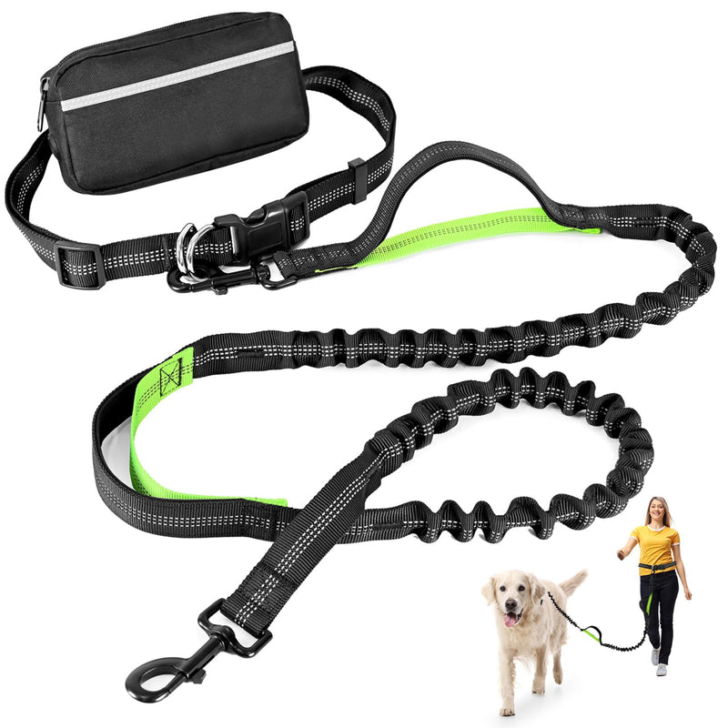 Hands Free Dog Leash with Zipper Pouch, Retractable Bungee Waist Leash with Dual Padded Handles & Waist Belt Fanny Pack for Medium & Large Dog Training Walking Running Hiking Jogging (Green) Green - PawsPlanet Australia
