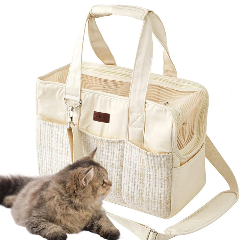 Cat Carriers Bag Beige Small Dog Purse Lightweight Puppy Carrier Fashion Woman Totes for Pet Bag Small Pups Handbag Kitty Rabbit Outdoor (Cream Color Cream - PawsPlanet Australia
