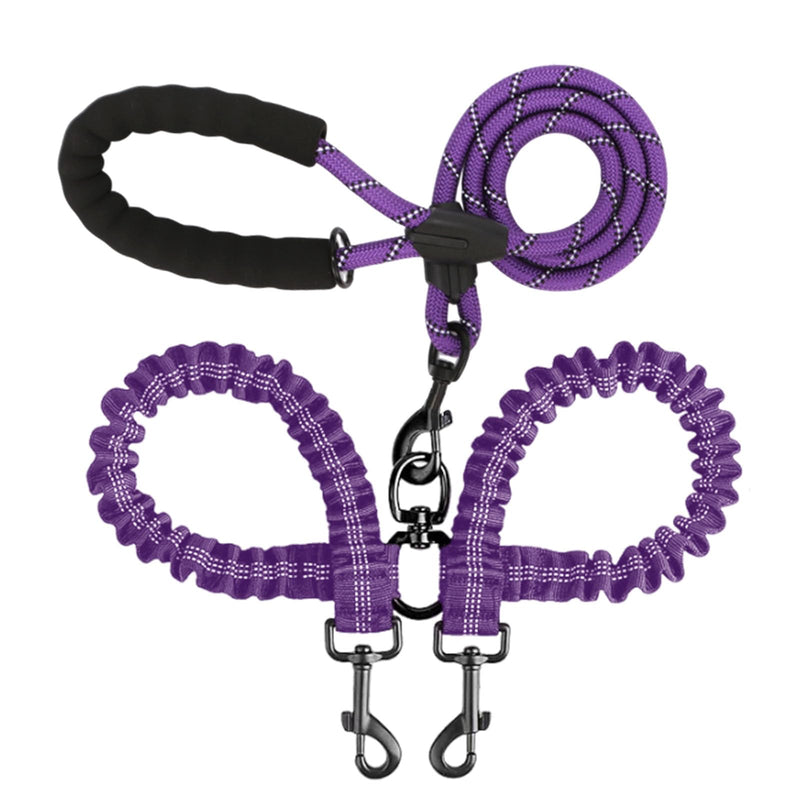 BAOBOTE Double Dog Leash,Dual Dog Leash with Shock Absorbing Bungee Reflective for Two Dogs 360 Swivel No Tangle (Purple) Purple - PawsPlanet Australia